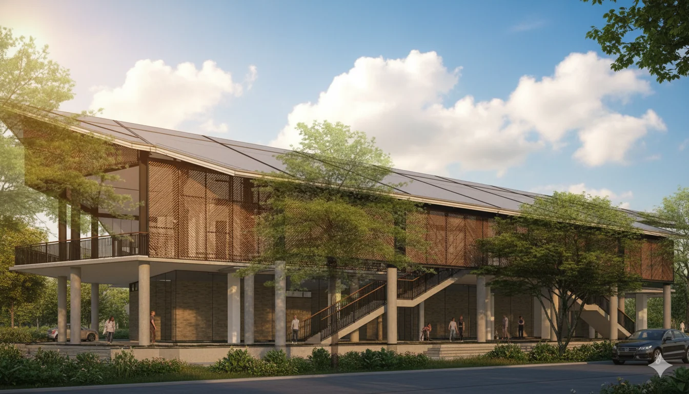 Contemporary house with wood accents photorealistic render - After